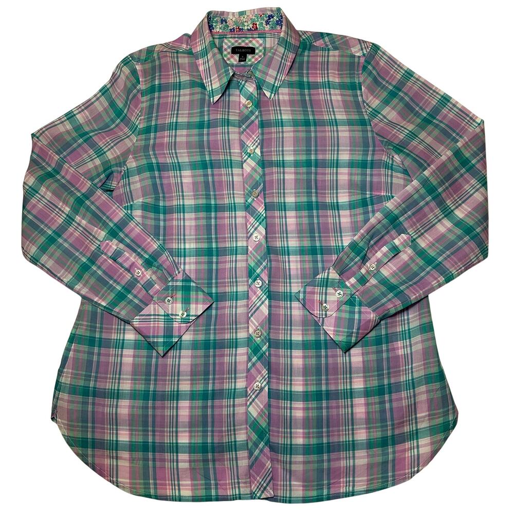 Talbots Women Button Up Shirt Size Small Multicolor Plaid Long Sleeve Cotton